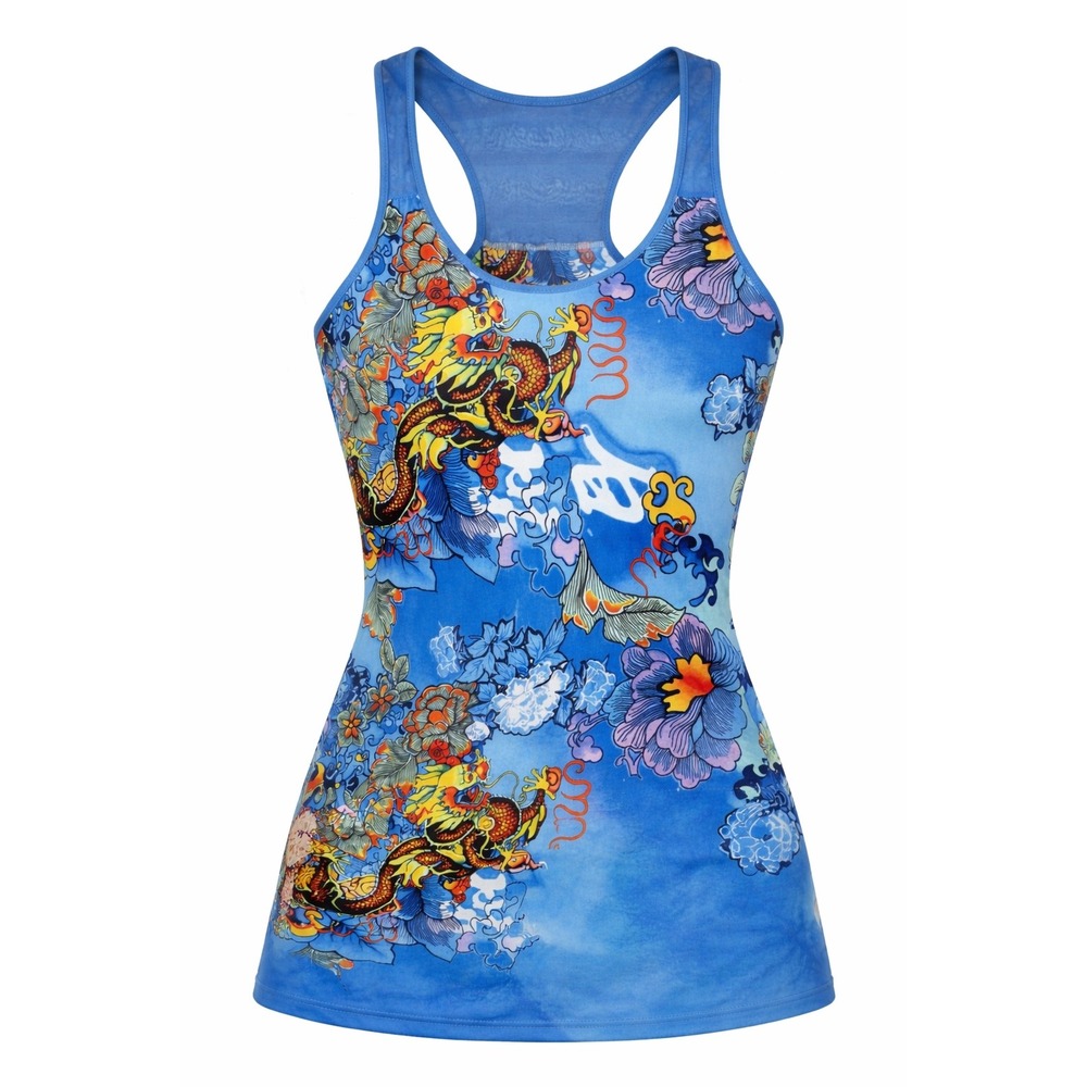 Natori Womens Small Blue Japanese Dragon Racerback‎ Tank Top Built-in-Bra Y2K - Picture 9 of 10